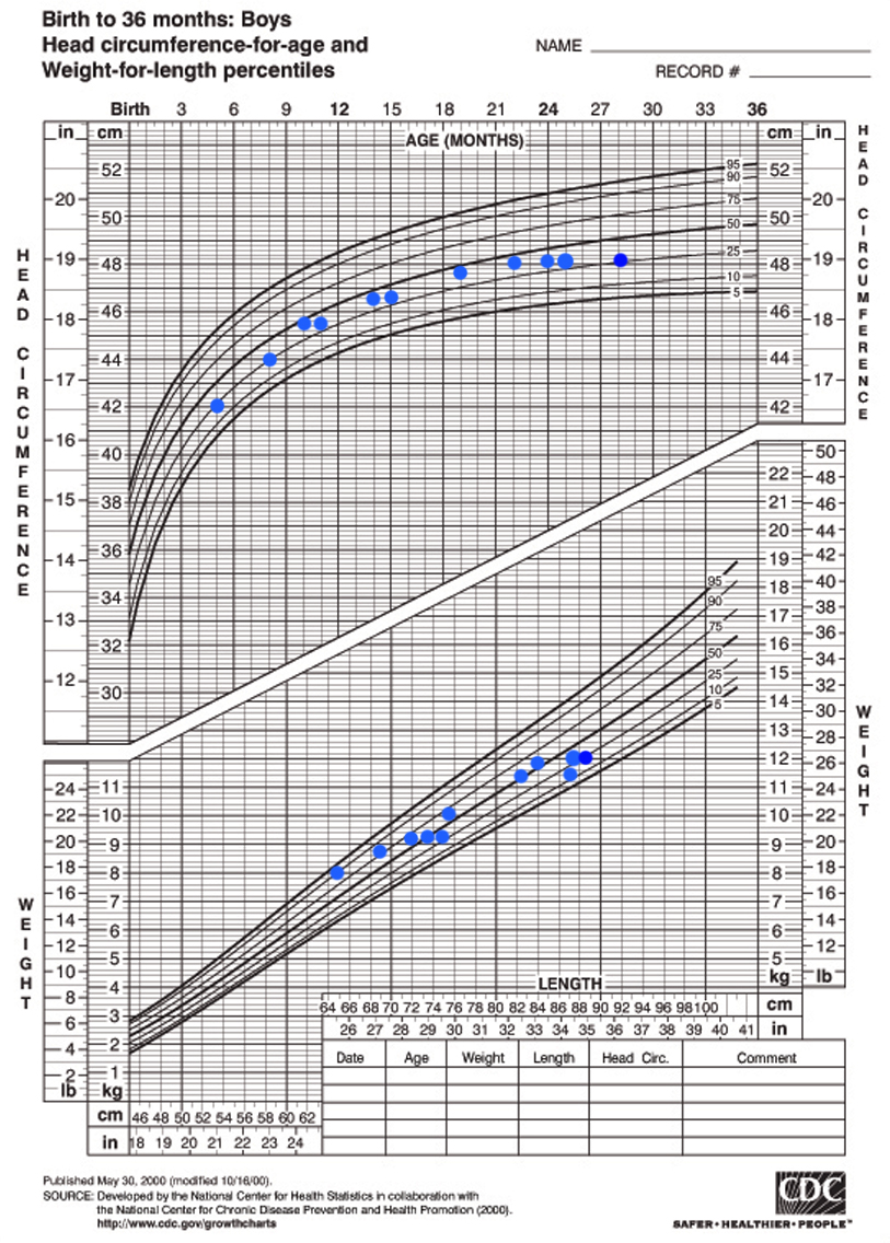 Maximo's head circumference plotted on a CDC chart.